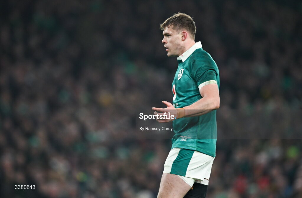 6 March 2026; Garry Ringrose of Ireland during the Guinness 6 Nations Rugby Championship match between Ireland and Wales at the Aviva Stadium in Dublin. Photo by Ramsey Cardy/Sportsfile