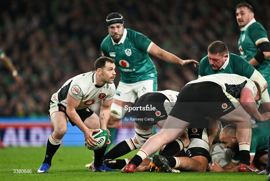 6 March 2026; Tomos Williams of Wales during the Guinness 6 Nations Rugby Championship match between Ireland and Wales at the Aviva Stadium in Dublin. Photo by Ramsey Cardy/Sportsfile