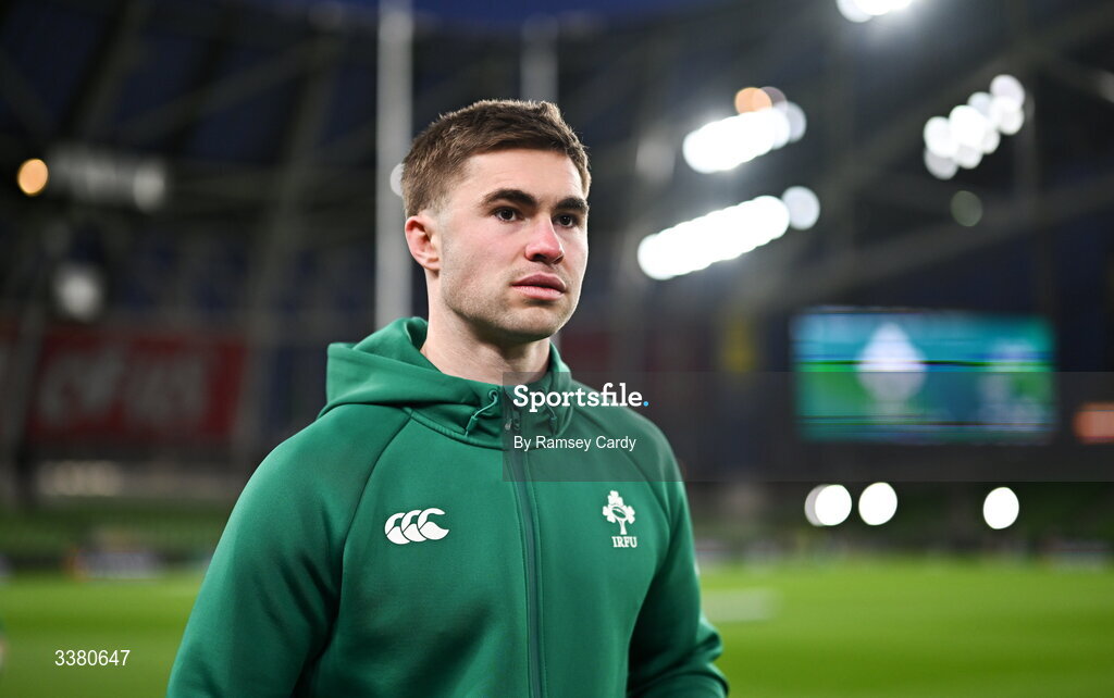 6 March 2026; Jack Crowley of Ireland before the Guinness 6 Nations Rugby Championship match between Ireland and Wales at the Aviva Stadium in Dublin. Photo by Ramsey Cardy/Sportsfile