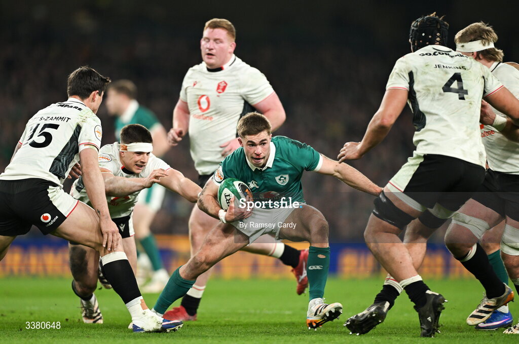 6 March 2026; Jack Crowley of Ireland during the Guinness 6 Nations Rugby Championship match between Ireland and Wales at the Aviva Stadium in Dublin. Photo by Ramsey Cardy/Sportsfile
