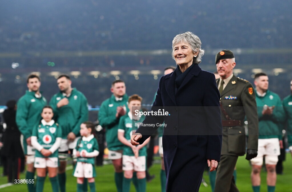 6 March 2026; President of Ireland Catherine Connolly before the Guinness 6 Nations Rugby Championship match between Ireland and Wales at the Aviva Stadium in Dublin. Photo by Ramsey Cardy/Sportsfile