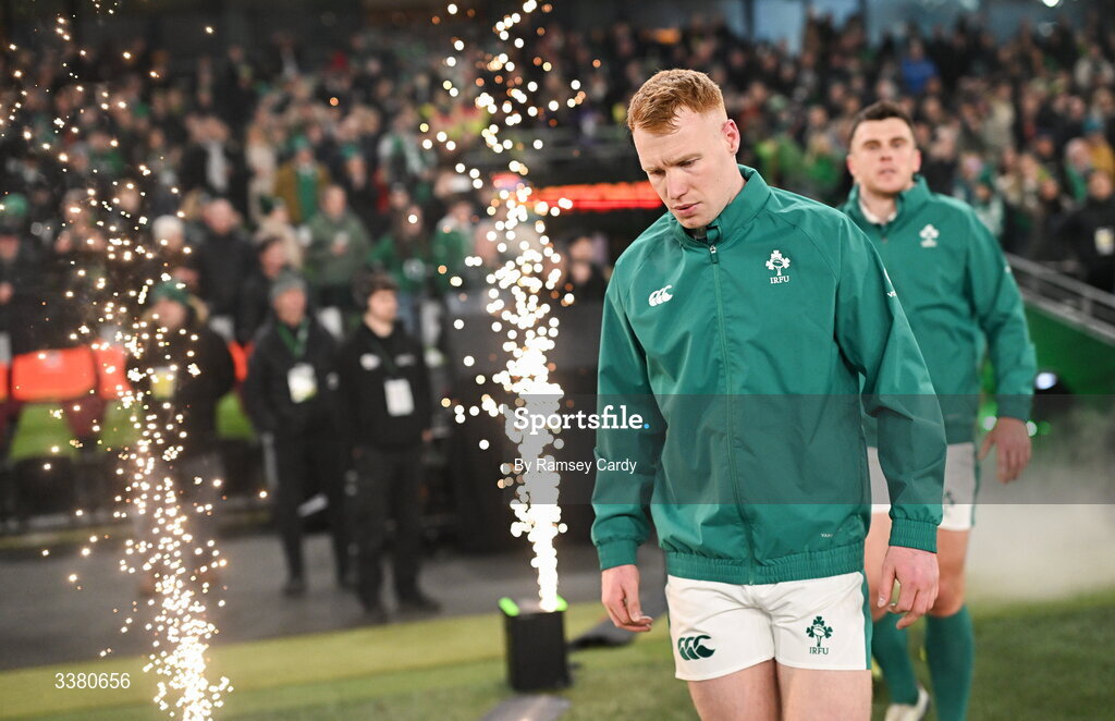 6 March 2026; Ciarán Frawley of Ireland before the Guinness 6 Nations Rugby Championship match between Ireland and Wales at the Aviva Stadium in Dublin. Photo by Ramsey Cardy/Sportsfile