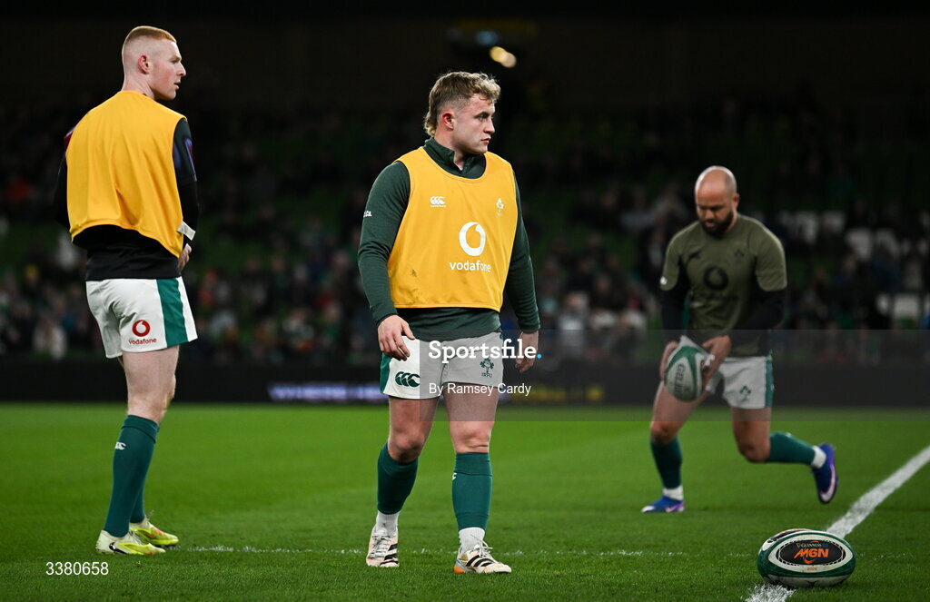 6 March 2026; Ireland scrum halves, from left, Nathan Doak, Craig Casey and Jamison Gibson-Park before the Guinness 6 Nations Rugby Championship match between Ireland and Wales at the Aviva Stadium in Dublin. Photo by Ramsey Cardy/Sportsfile