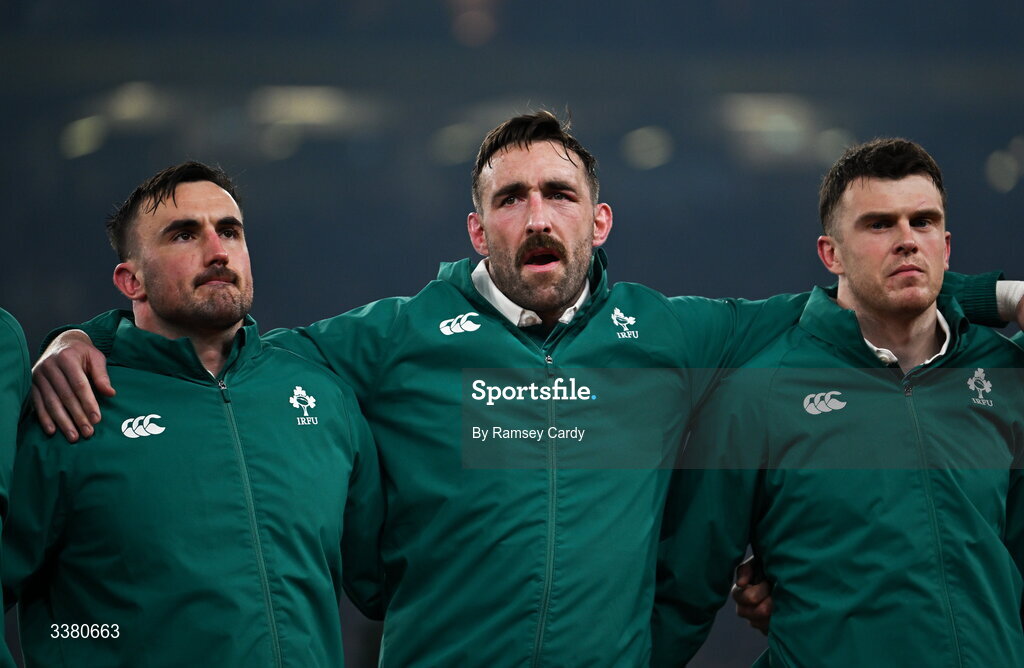 6 March 2026; Ireland players, from left, Rónan Kelleher, Jack Conan and Tom Farrell before the Guinness 6 Nations Rugby Championship match between Ireland and Wales at the Aviva Stadium in Dublin. Photo by Ramsey Cardy/Sportsfile
