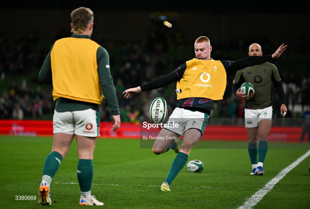 6 March 2026; Ireland scrum halves, from left, Craig Casey, Nathan Doak, and Jamison Gibson-Park before the Guinness 6 Nations Rugby Championship match between Ireland and Wales at the Aviva Stadium in Dublin. Photo by Ramsey Cardy/Sportsfile