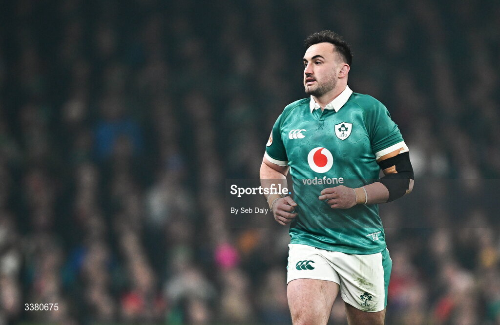 6 March 2026; Rónan Kelleher of Ireland during the Guinness 6 Nations Rugby Championship match between Ireland and Wales at the Aviva Stadium in Dublin. Photo by Seb Daly/Sportsfile