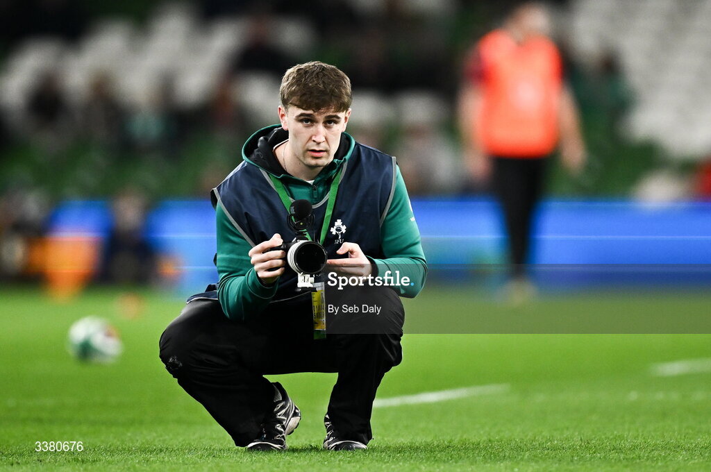 6 March 2026; IRFU videographer Rhys Dale before the Guinness 6 Nations Rugby Championship match between Ireland and Wales at the Aviva Stadium in Dublin. Photo by Seb Daly/Sportsfile