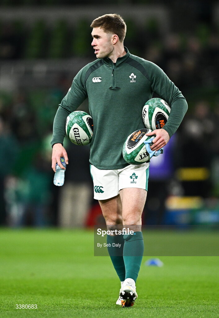 6 March 2026; Jack Crowley of Ireland before the Guinness 6 Nations Rugby Championship match between Ireland and Wales at the Aviva Stadium in Dublin. Photo by Seb Daly/Sportsfile