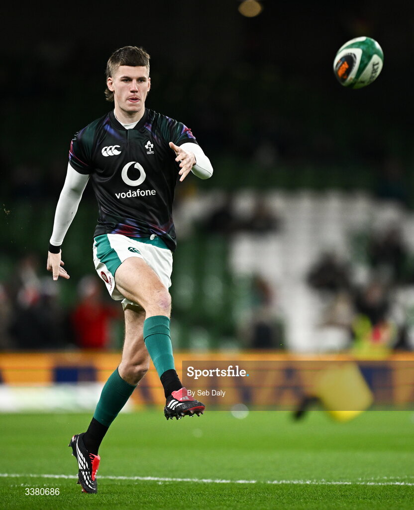 6 March 2026; Sam Prendergast of Ireland before the Guinness 6 Nations Rugby Championship match between Ireland and Wales at the Aviva Stadium in Dublin. Photo by Seb Daly/Sportsfile