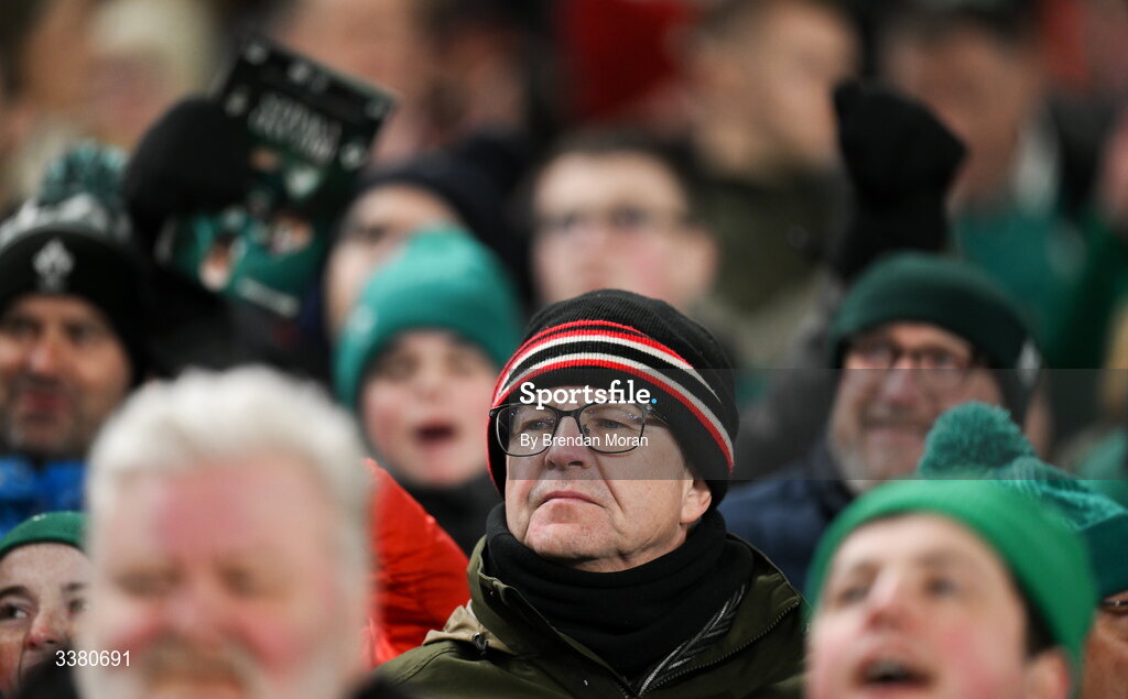 6 March 2026; Supporters during the Guinness 6 Nations Rugby Championship match between Ireland and Wales at the Aviva Stadium in Dublin. Photo by Brendan Moran/Sportsfile