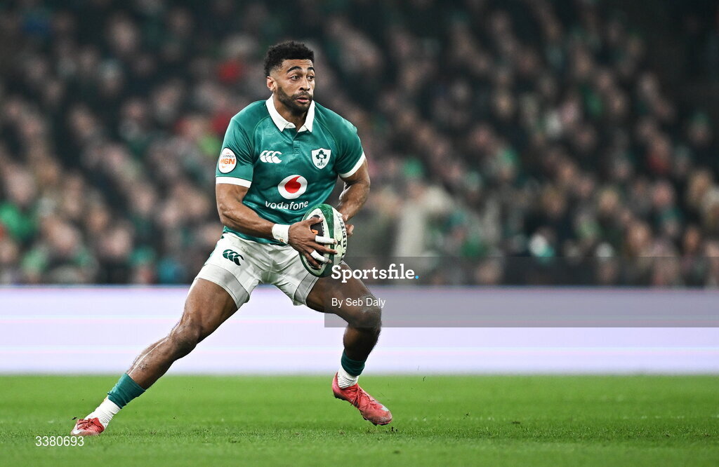 6 March 2026; Robert Baloucoune of Ireland during the Guinness 6 Nations Rugby Championship match between Ireland and Wales at the Aviva Stadium in Dublin. Photo by Seb Daly/Sportsfile