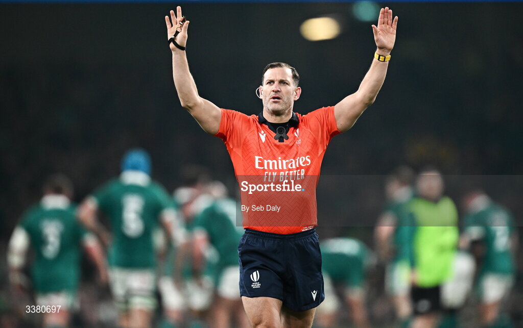 6 March 2026; Referee Karl Dickson during the Guinness 6 Nations Rugby Championship match between Ireland and Wales at the Aviva Stadium in Dublin. Photo by Seb Daly/Sportsfile
