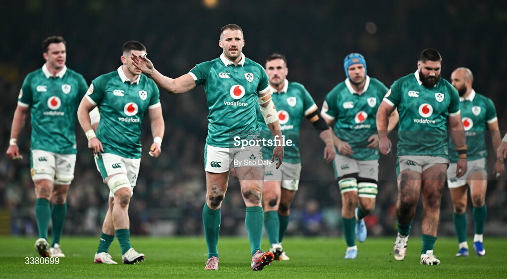 6 March 2026; Stuart McCloskey of Ireland, centre, during the Guinness 6 Nations Rugby Championship match between Ireland and Wales at the Aviva Stadium in Dublin. Photo by Seb Daly/Sportsfile