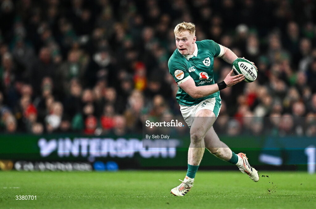 6 March 2026; Jamie Osborne of Ireland during the Guinness 6 Nations Rugby Championship match between Ireland and Wales at the Aviva Stadium in Dublin. Photo by Seb Daly/Sportsfile