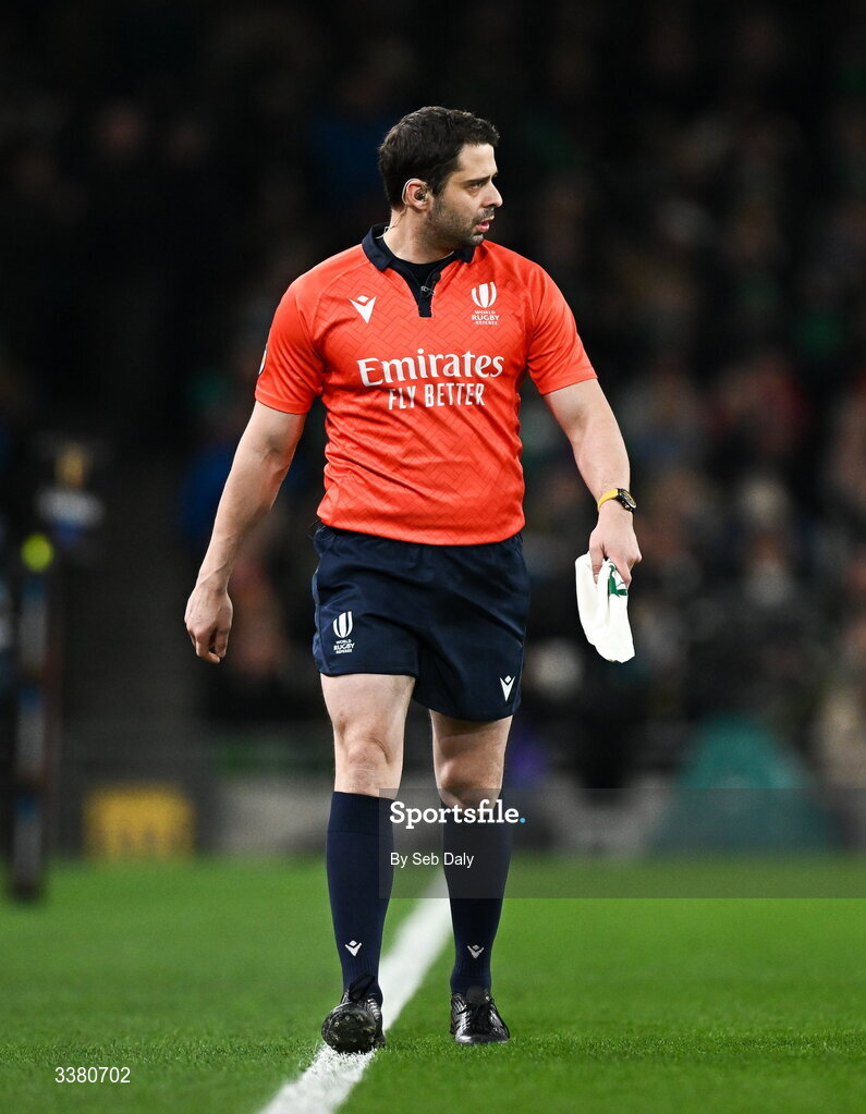 6 March 2026; Assistant referee Nika Amashukeli during the Guinness 6 Nations Rugby Championship match between Ireland and Wales at the Aviva Stadium in Dublin. Photo by Seb Daly/Sportsfile