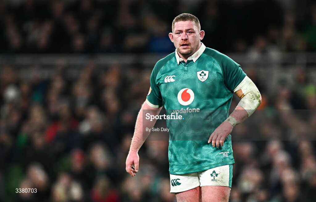 6 March 2026; Tadhg Furlong of Ireland during the Guinness 6 Nations Rugby Championship match between Ireland and Wales at the Aviva Stadium in Dublin. Photo by Seb Daly/Sportsfile