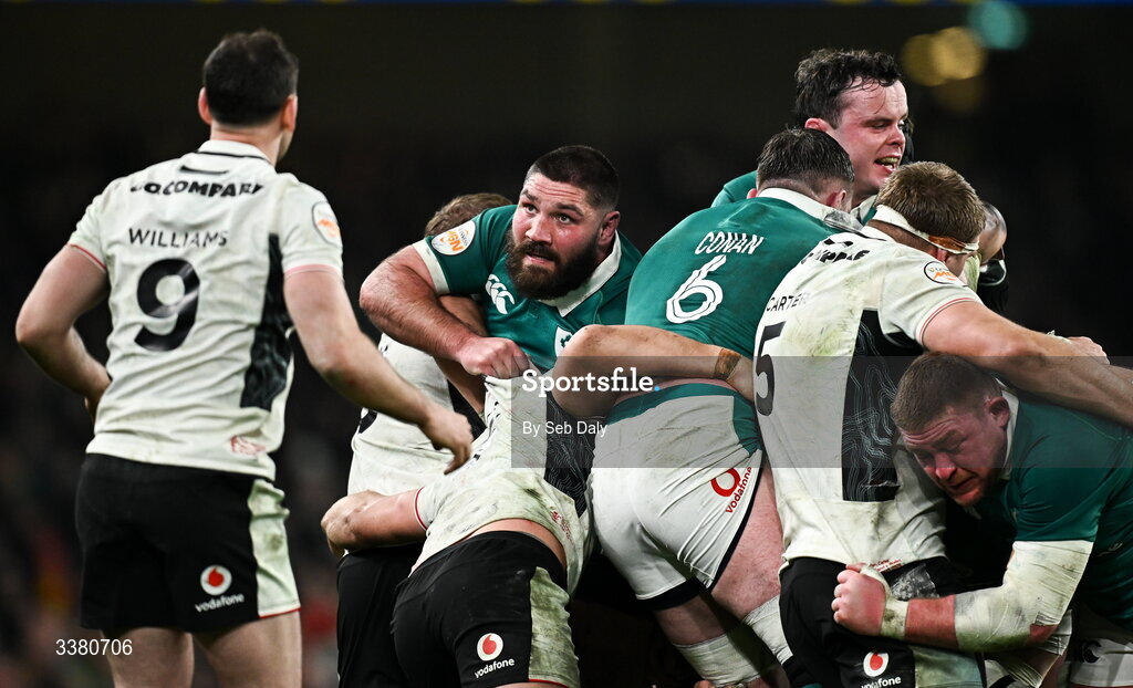 6 March 2026; Tom O’Toole of Ireland during the Guinness 6 Nations Rugby Championship match between Ireland and Wales at the Aviva Stadium in Dublin. Photo by Seb Daly/Sportsfile