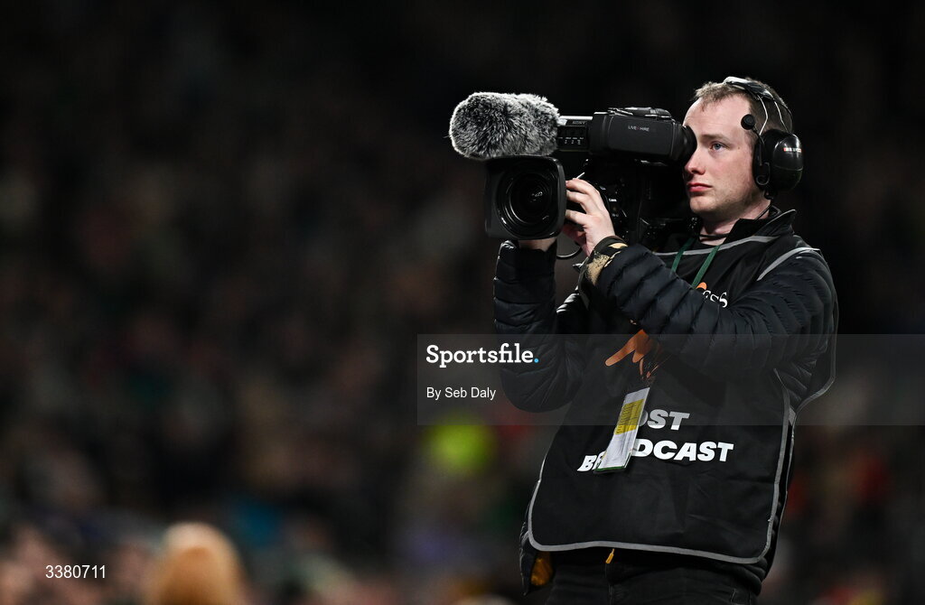 6 March 2026; A cameraman during the Guinness 6 Nations Rugby Championship match between Ireland and Wales at the Aviva Stadium in Dublin. Photo by Seb Daly/Sportsfile