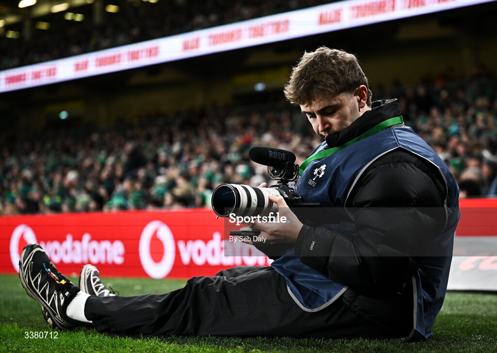 6 March 2026; IRFU videographer Rhys Dale during the Guinness 6 Nations Rugby Championship match between Ireland and Wales at the Aviva Stadium in Dublin. Photo by Seb Daly/Sportsfile