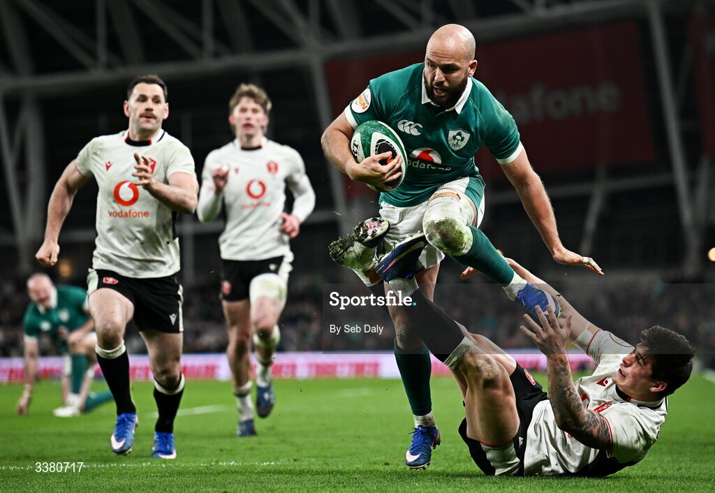6 March 2026; Jamison Gibson-Park of Ireland is tackled by Louis Rees-Zammit of Wales during the Guinness 6 Nations Rugby Championship match between Ireland and Wales at the Aviva Stadium in Dublin. Photo by Seb Daly/Sportsfile