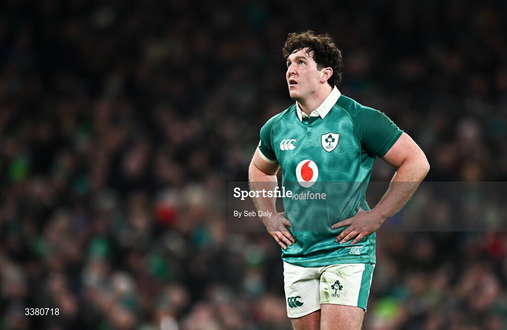 6 March 2026; Tom Stewart of Ireland during the Guinness 6 Nations Rugby Championship match between Ireland and Wales at the Aviva Stadium in Dublin. Photo by Seb Daly/Sportsfile