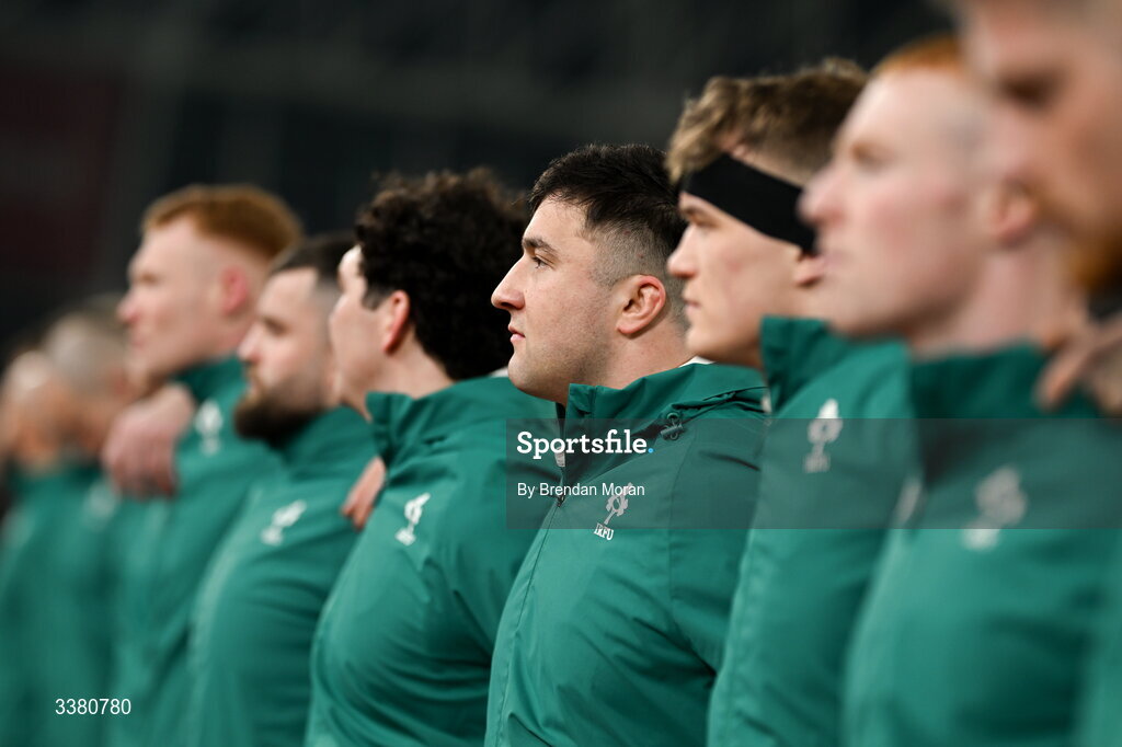 6 March 2026; Thomas Clarkson of Ireland before the Guinness 6 Nations Rugby Championship match between Ireland and Wales at the Aviva Stadium in Dublin. Photo by Brendan Moran/Sportsfile