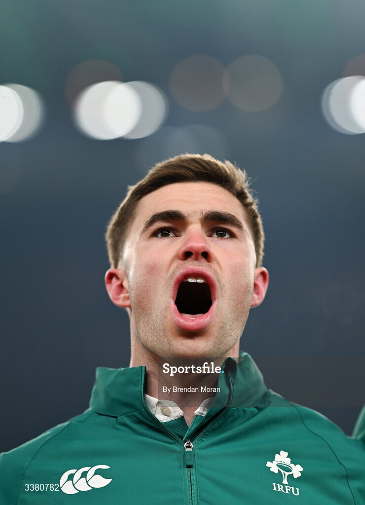 6 March 2026; Jack Crowley of Ireland sings Ireland's Call before the Guinness 6 Nations Rugby Championship match between Ireland and Wales at the Aviva Stadium in Dublin. Photo by Brendan Moran/Sportsfile