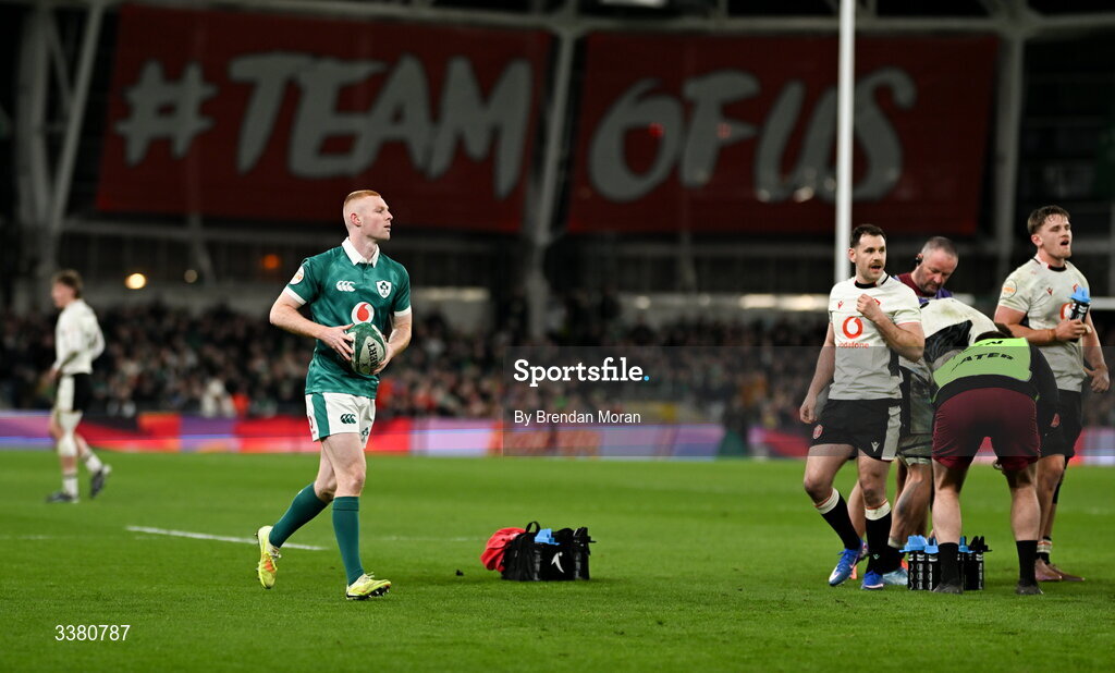 6 March 2026; Nathan Doak of Ireland makes his way onto the pitch to make his debut during the Guinness 6 Nations Rugby Championship match between Ireland and Wales at the Aviva Stadium in Dublin. Photo by Brendan Moran/Sportsfile