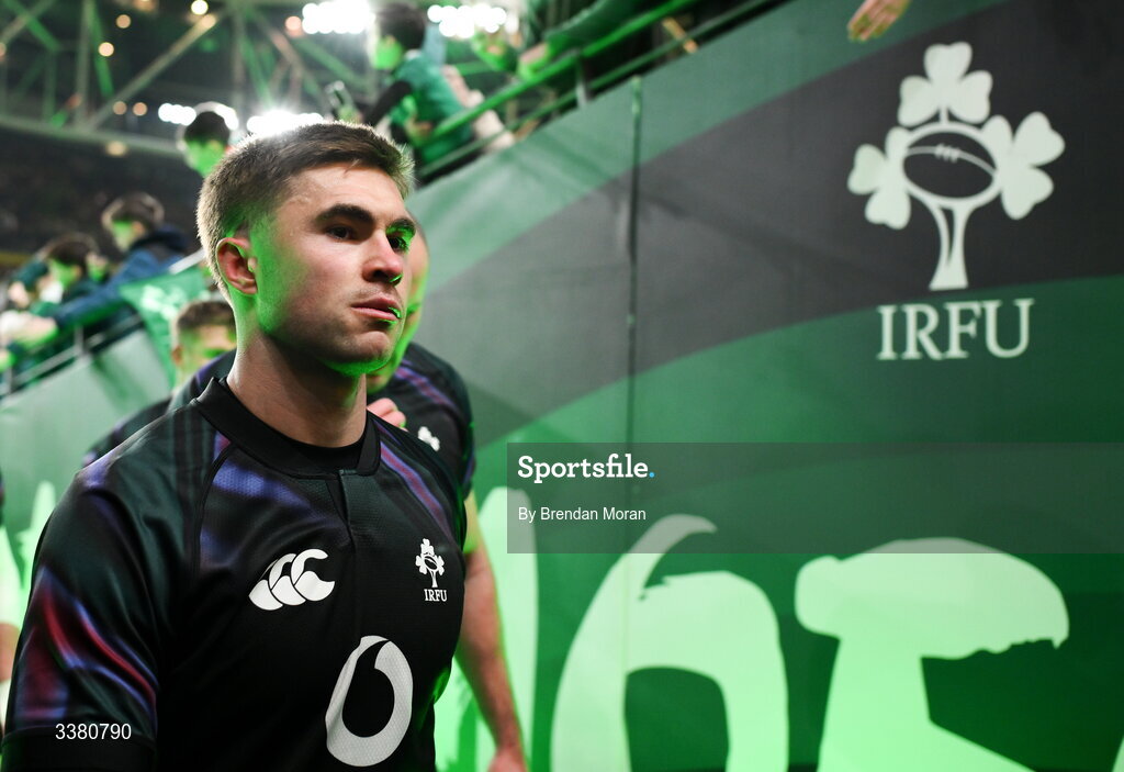 6 March 2026; Jack Crowley of Ireland before the Guinness 6 Nations Rugby Championship match between Ireland and Wales at the Aviva Stadium in Dublin. Photo by Brendan Moran/Sportsfile