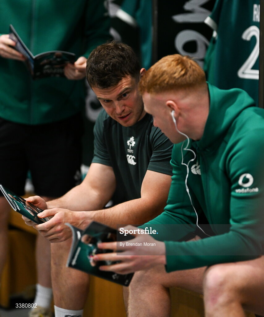 6 March 2026; Tom Farrell, left, and Ciarán Frawley of Ireland in the dressingroom before the Guinness 6 Nations Rugby Championship match between Ireland and Wales at the Aviva Stadium in Dublin. Photo by Brendan Moran/Sportsfile