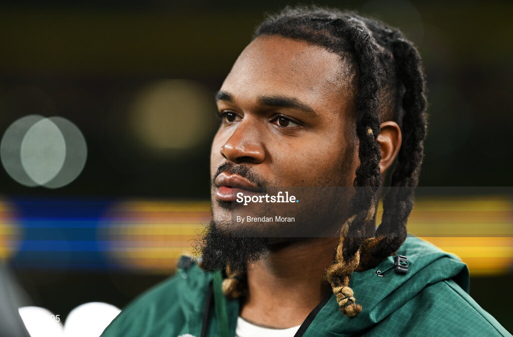 6 March 2026; New York Jets NFL player Jamien Sherwood in attendance during the Guinness 6 Nations Rugby Championship match between Ireland and Wales at the Aviva Stadium in Dublin. Photo by Brendan Moran/Sportsfile