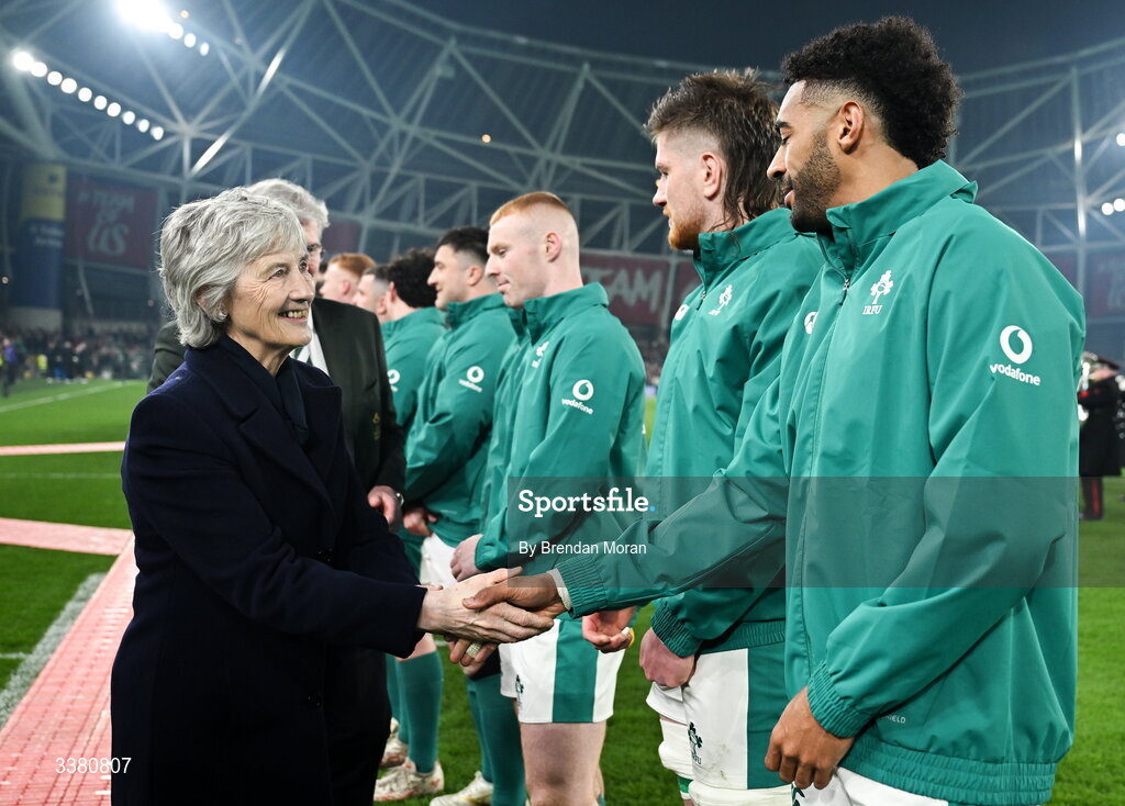 6 March 2026; President of Ireland Catherine Connolly meets Robert Baloucoune of Ireland before during the Guinness 6 Nations Rugby Championship match between Ireland and Wales at the Aviva Stadium in Dublin. Photo by Brendan Moran/Sportsfile