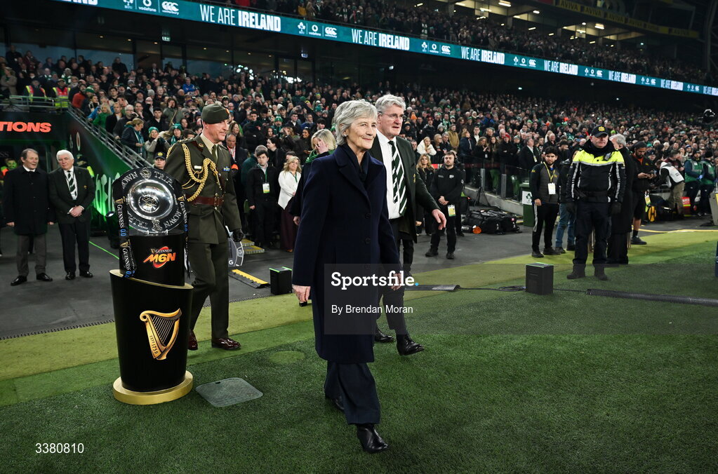 6 March 2026; President of Ireland Catherine Connolly, left, and IRFU president John O'Driscoll make their way to meet the teams before the Guinness 6 Nations Rugby Championship match between Ireland and Wales at the Aviva Stadium in Dublin. Photo by Brendan Moran/Sportsfile Photo by Brendan Moran/Sportsfile