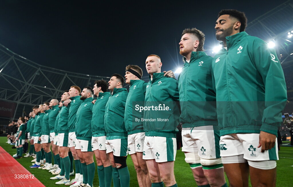 6 March 2026; Nathan Doak of Ireland, 3rd from right, and his teammates during the national anthems before the Guinness 6 Nations Rugby Championship match between Ireland and Wales at the Aviva Stadium in Dublin. Photo by Brendan Moran/Sportsfile