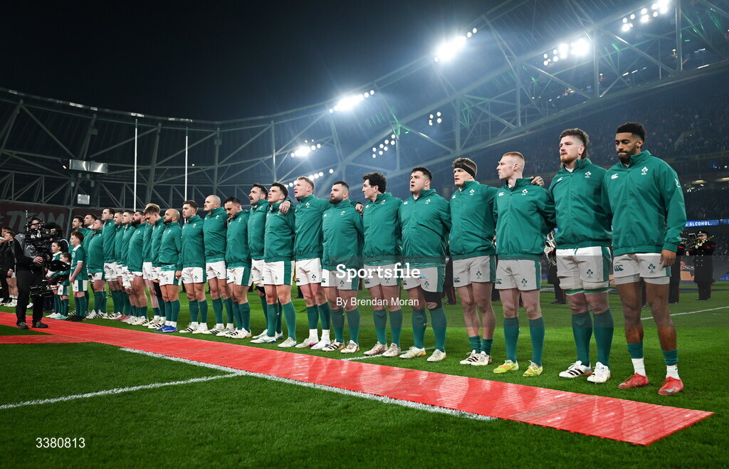 6 March 2026; The Ireland team stand for Ireland's Call before the Guinness 6 Nations Rugby Championship match between Ireland and Wales at the Aviva Stadium in Dublin. Photo by Brendan Moran/Sportsfile