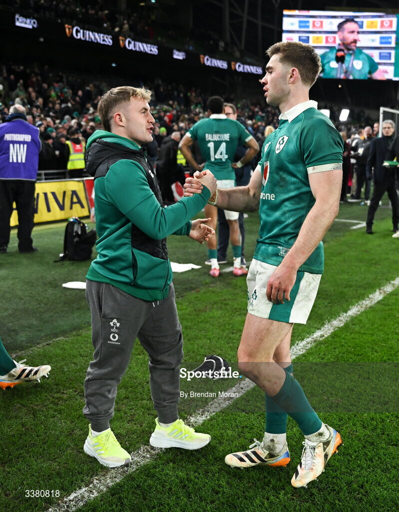 6 March 2026; Craig Casey, left, and Jack Crowley of Ireland after the Guinness 6 Nations Rugby Championship match between Ireland and Wales at the Aviva Stadium in Dublin. Photo by Brendan Moran/Sportsfile