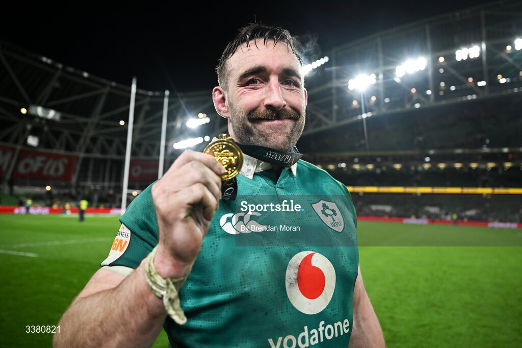 6 March 2026; Jack Conan of Ireland with his Player of the Match medal after the Guinness 6 Nations Rugby Championship match between Ireland and Wales at the Aviva Stadium in Dublin. Photo by Brendan Moran/Sportsfile