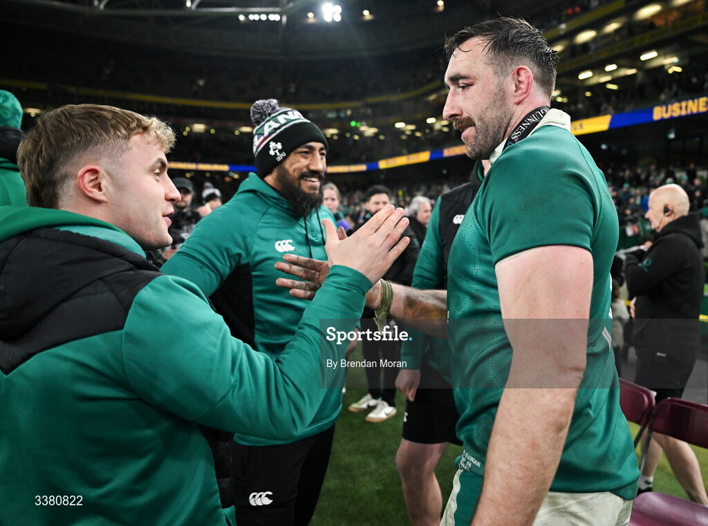 6 March 2026; Jack Conan of Ireland, right, with teammates Craig Casey and Bundee Aki after the Guinness 6 Nations Rugby Championship match between Ireland and Wales at the Aviva Stadium in Dublin. Photo by Brendan Moran/Sportsfile