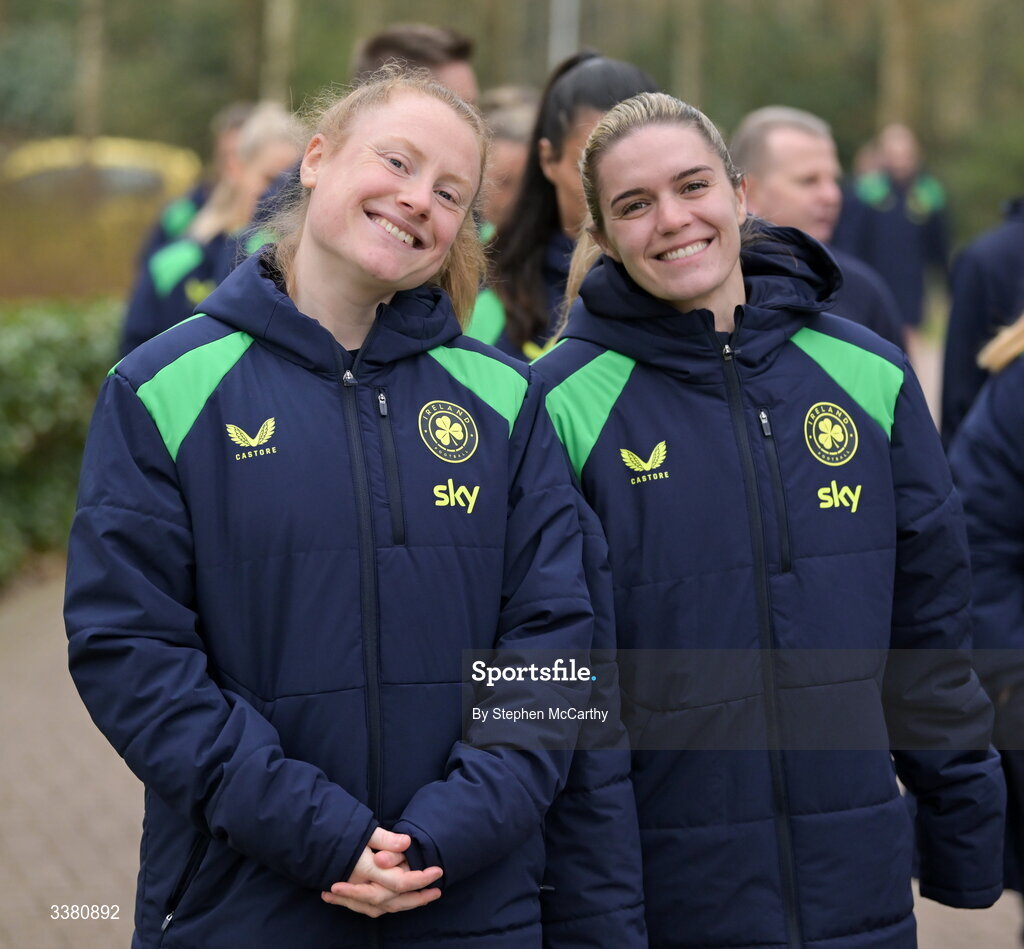 7 March 2026; Republic of Ireland's Amber Barrett, left, and Jamie Finn during a team walk near their hotel before the 2027 FIFA Women’s World Cup Qualifier match between the Netherlands and Republic of Ireland at Stadion Galgenwaard in Utrecht, Netherlands. Photo by Stephen McCarthy/Sportsfile