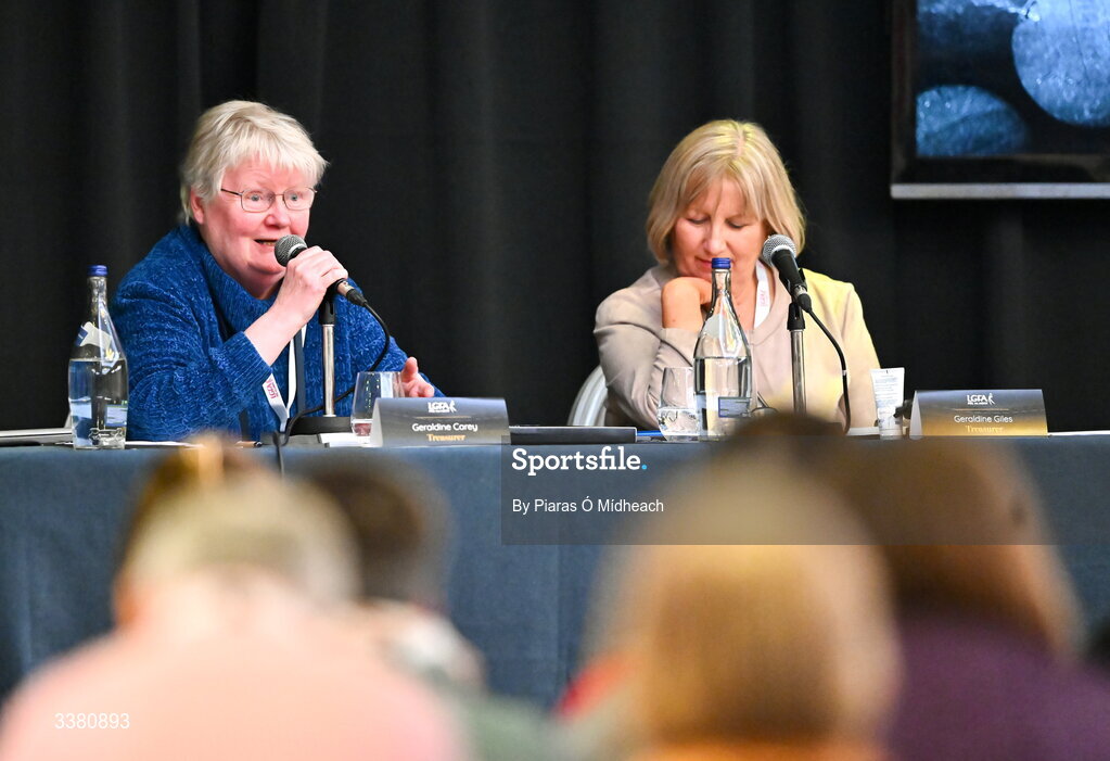 6 March 2026; LGFA Treasurers Geraldine Carey, left, and Geraldine Giles during day one of the LGFA Annual Congress at the Diamond Coast Hotel in Sligo. Photo by Piaras Ó Mídheach/Sportsfile