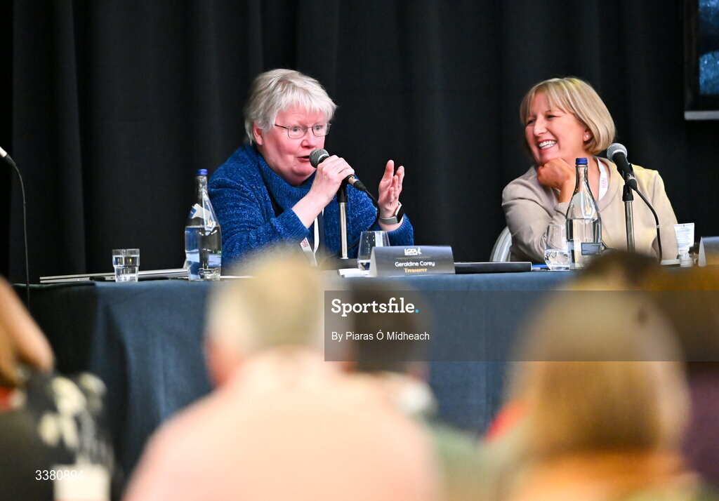 6 March 2026; LGFA Treasurers Geraldine Carey, left, and Geraldine Giles during day one of the LGFA Annual Congress at the Diamond Coast Hotel in Sligo. Photo by Piaras Ó Mídheach/Sportsfile