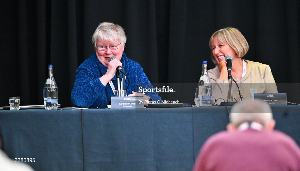 6 March 2026; LGFA Treasurers Geraldine Carey, left, and Geraldine Giles during day one of the LGFA Annual Congress at the Diamond Coast Hotel in Sligo. Photo by Piaras Ó Mídheach/Sportsfile