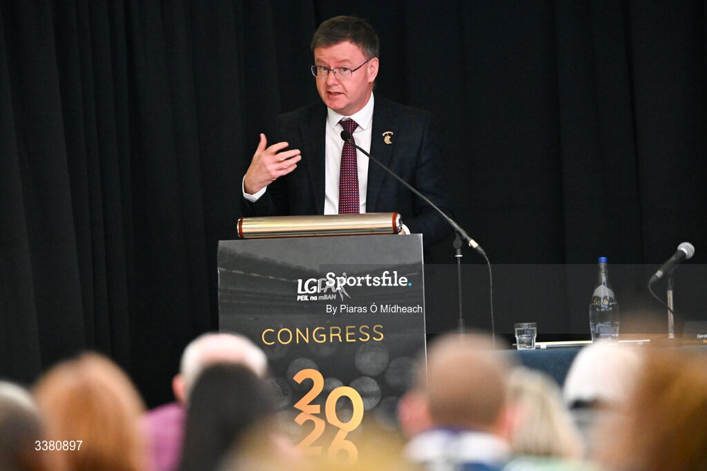 6 March 2026; Camogie President Brian Molloy during day one of the LGFA Annual Congress at the Diamond Coast Hotel in Sligo. Photo by Piaras Ó Mídheach/Sportsfile