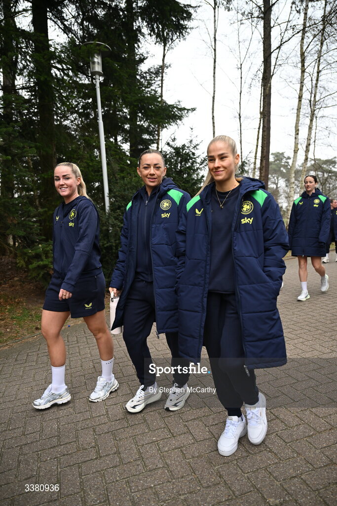 7 March 2026; Republic of Ireland's Tara O'Hanlon, right, Katie McCabe and Jessie Stapleton, left, during a team walk near their hotel before the 2027 FIFA Women’s World Cup Qualifier match between the Netherlands and Republic of Ireland at Stadion Galgenwaard in Utrecht, Netherlands. Photo by Stephen McCarthy/Sportsfile