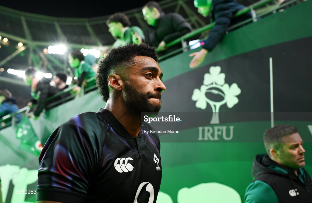 6 March 2026; Robert Baloucoune of Ireland before the Guinness 6 Nations Rugby Championship match between Ireland and Wales at the Aviva Stadium in Dublin. Photo by Brendan Moran/Sportsfile
