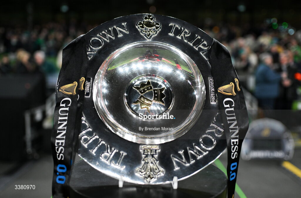 6 March 2026; A general view of the Triple Crown trophy before the Guinness 6 Nations Rugby Championship match between Ireland and Wales at the Aviva Stadium in Dublin. Photo by Brendan Moran/Sportsfile