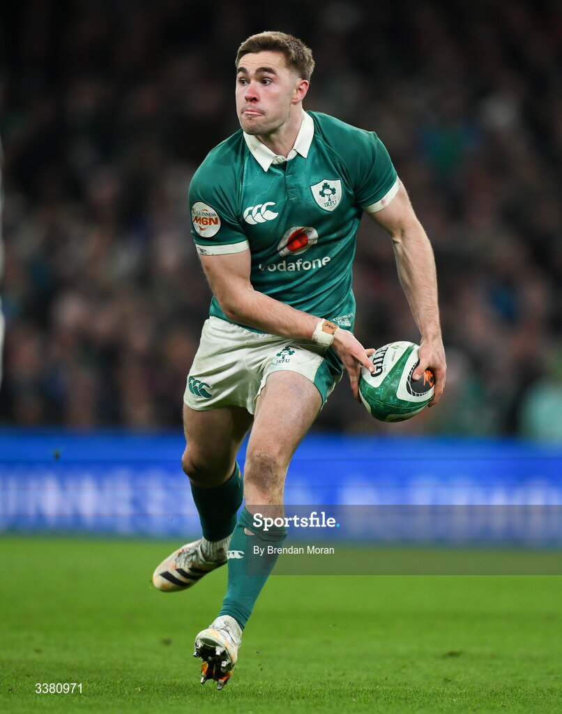 6 March 2026; Jack Crowley of Ireland during the Guinness 6 Nations Rugby Championship match between Ireland and Wales at the Aviva Stadium in Dublin. Photo by Brendan Moran/Sportsfile