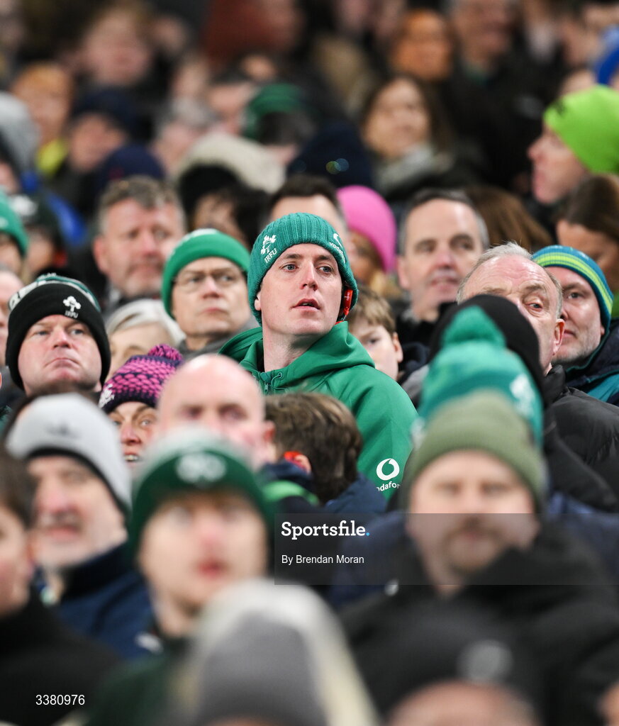 6 March 2026; Ireland supporters during the Guinness 6 Nations Rugby Championship match between Ireland and Wales at the Aviva Stadium in Dublin. Photo by Brendan Moran/Sportsfile