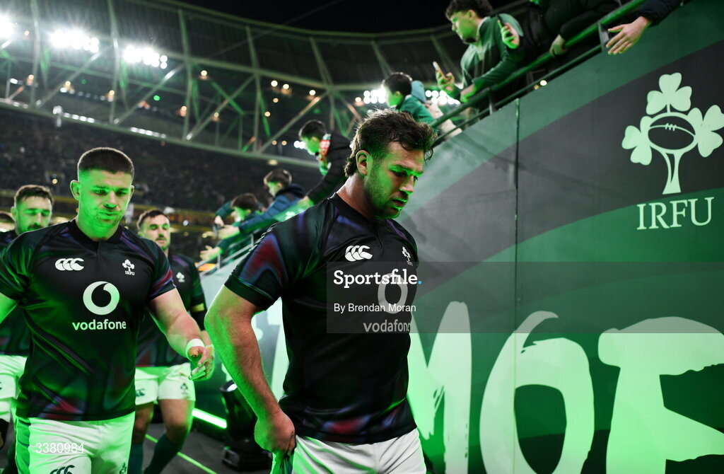 6 March 2026; Ireland captain Caelan Doris before the Guinness 6 Nations Rugby Championship match between Ireland and Wales at the Aviva Stadium in Dublin. Photo by Brendan Moran/Sportsfile