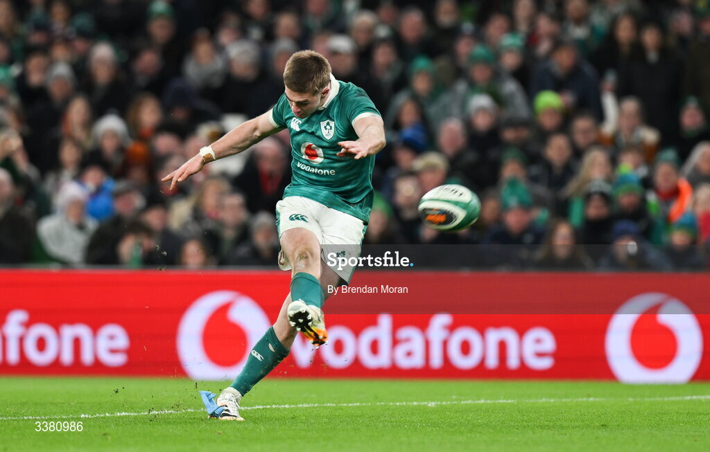 6 March 2026; Jack Crowley of Ireland kicks a conversion during the Guinness 6 Nations Rugby Championship match between Ireland and Wales at the Aviva Stadium in Dublin. Photo by Brendan Moran/Sportsfile